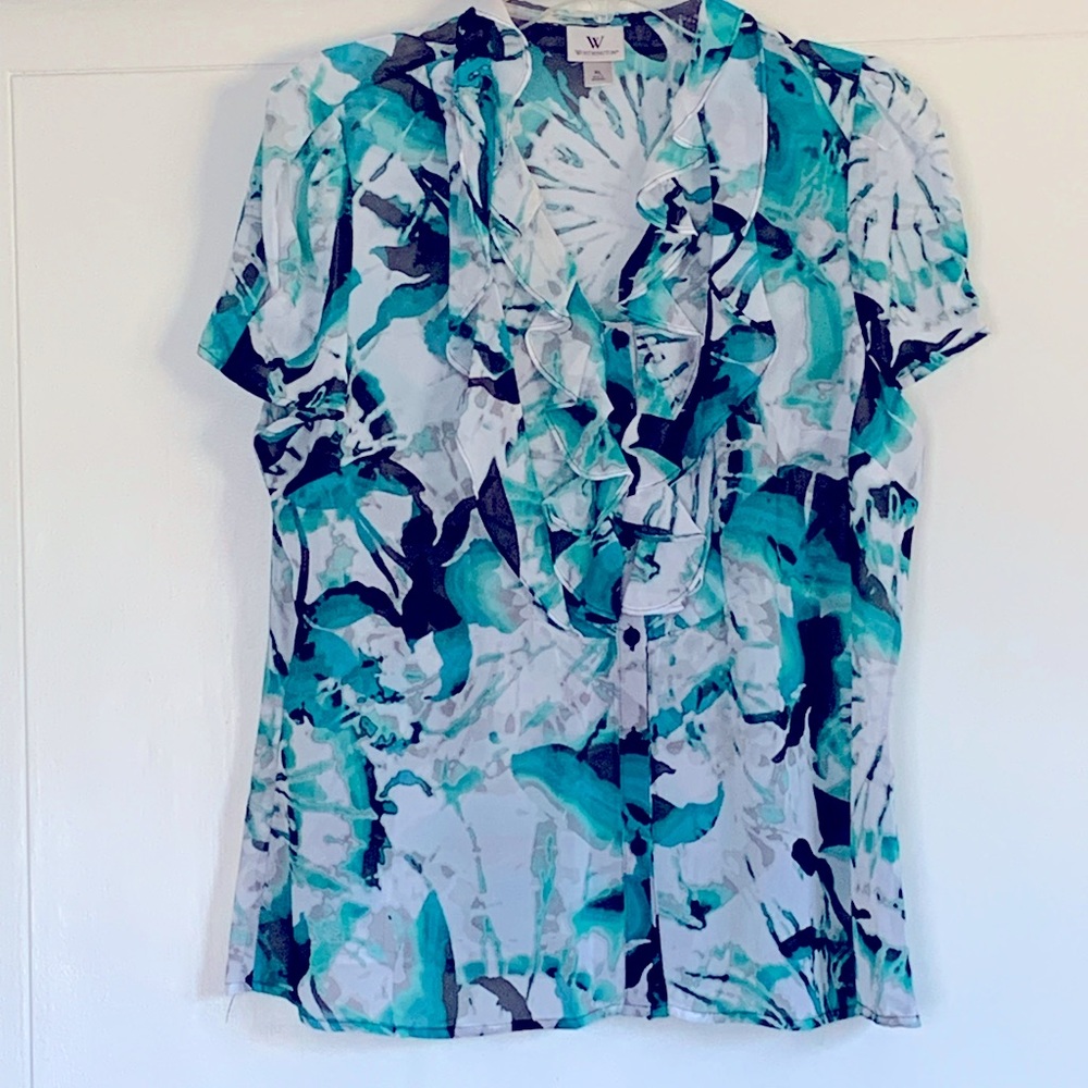 Dress blouse.  Ruffled collar.  Button down front. Sheer, need to wear camisole.